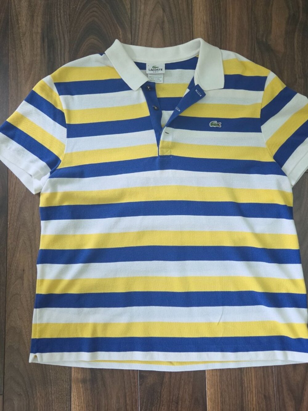 Lacoste Mens Vintage Striped Polo Shirt Medium White Navy Yellow Pique Slim Fit